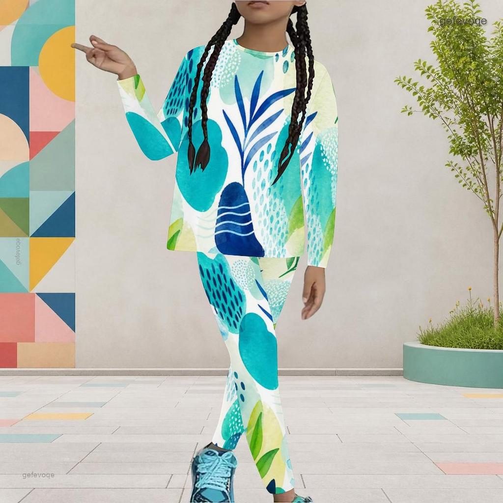 Girls Black Beige Printed Round Neck Long Sleeve Top Fitted Pants Two Piece Set