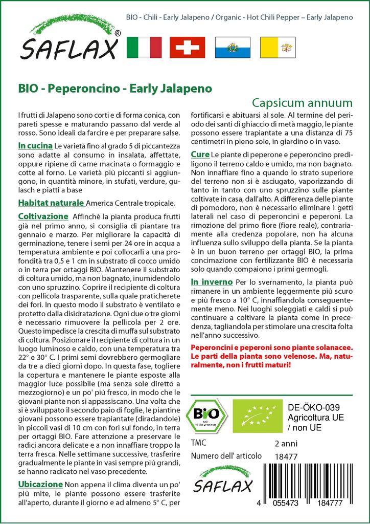 SAFLAX Сад в сумке - Органический - Острый перец чили - Ранний халапеньо - 20 семян - С субстратом в подходящем стоячем мешке - Capsicum annuum