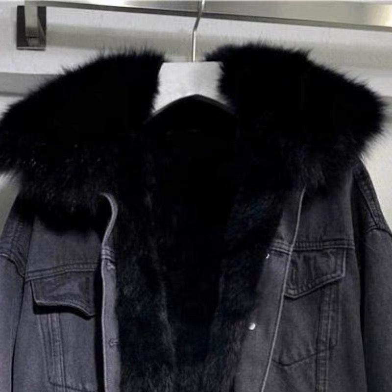 Women's Short Denim Jacket: Large Fur Collar, Korean Style, Versatile, Loose Fit, Plus Velvet, Thickened Cotton Coat