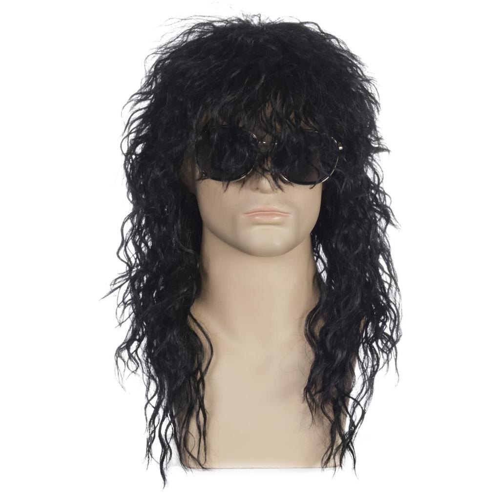 YOVEKAT Halloween Men's Black 80s Rocker Heavy Metal Punk Curly Wig Cosplay Costume Fancy Dress for Party