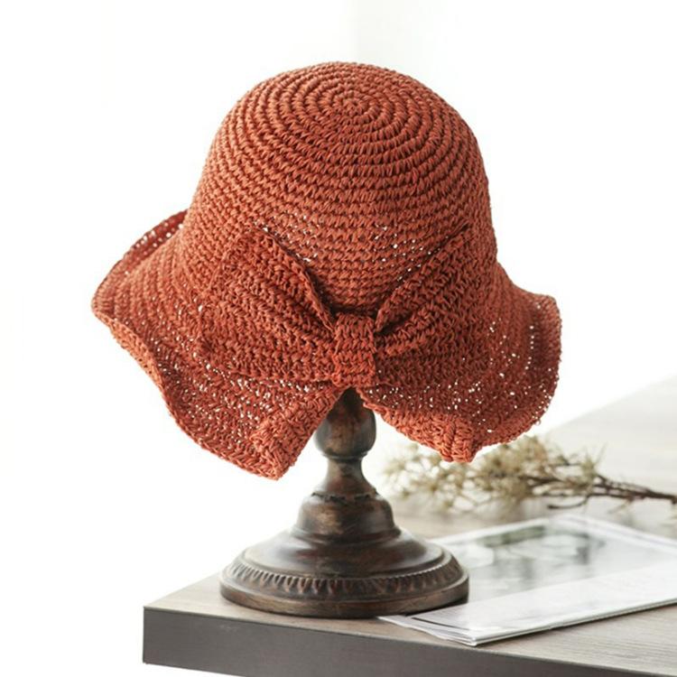 100% Рафия Бант Солнечная Шляпа Широкие Поля Мягкие Шляпы Женщины Пляжная Панама Соломенная Купольная Шляпа-Ведро