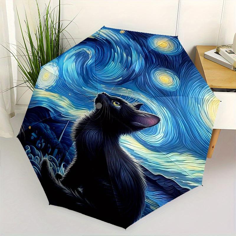 Starry Night, Black Cat Automatic Folding Umbrella 8 Ribs, Durable Iron Frame, Bright Color Pattern Compact Travel Umbrella, Suitable for O