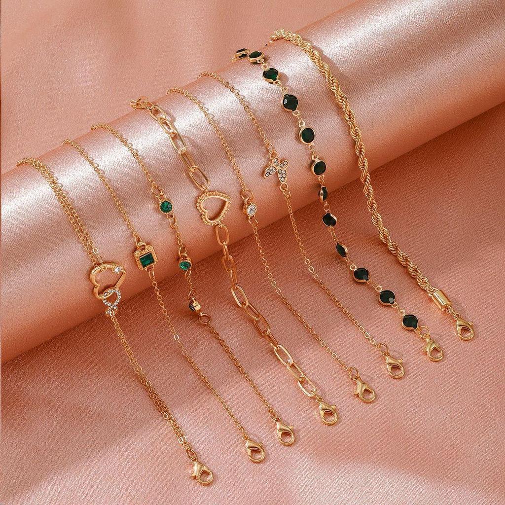 Retro Green European & American Bracelet Set: Square Diamond, Butterfly & Love Designs (5 Pieces)