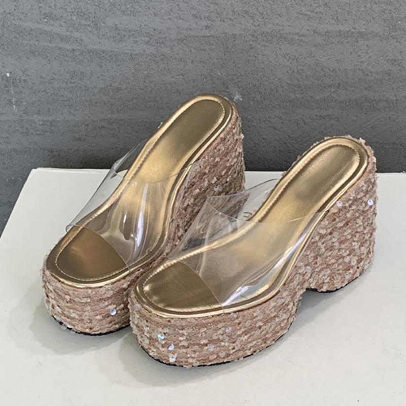Liyke летние модные ПВХ прозрачные женские тапочки с блестками на платформе и танкетке туфли на высоком каблуке сексуальные босоножки с открытым носком женские золотые