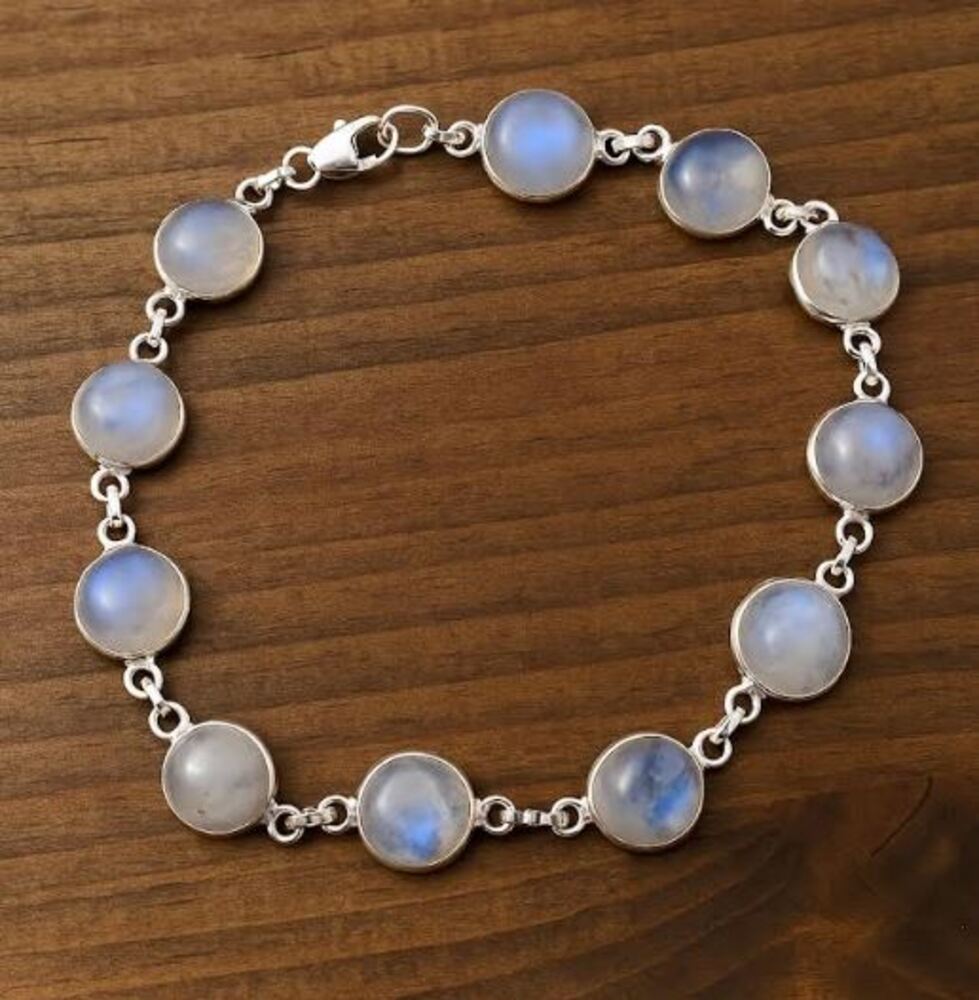 Браслет из стерлингового серебра 925 пробы с круглым радужным лунным камнем, ручной работы, дизайнерское украшение с камнем рождения