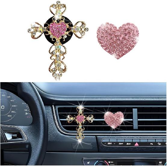 Bittwee Bling Car Air Vent Clip, 2PCS Rhinestone Cross and Heart Vehicle Air Conditioner Outlet Vent Charm, Cute Diamond Decoration Clamp, Universal
