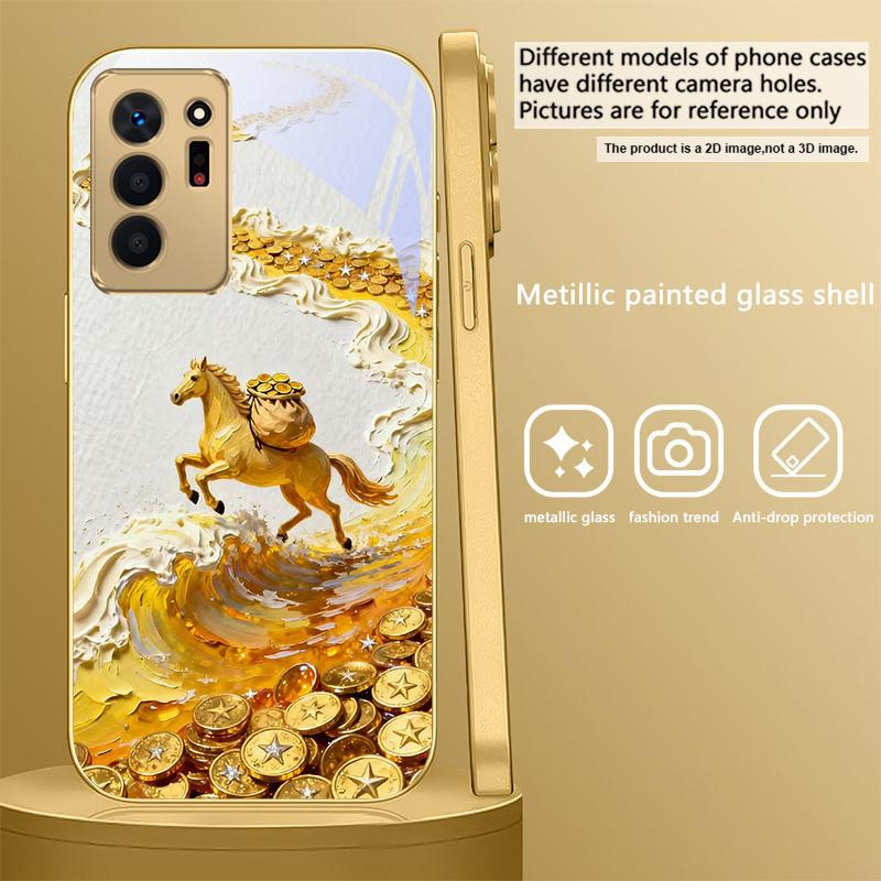 Золотая скачущая лошадь Для Samsung A 01 52S A04 A05S A10 A12 A13 22 23 24 36 42 M02 Note 10 20Ultra 8 9 Золотой стеклянный чехол для телефона