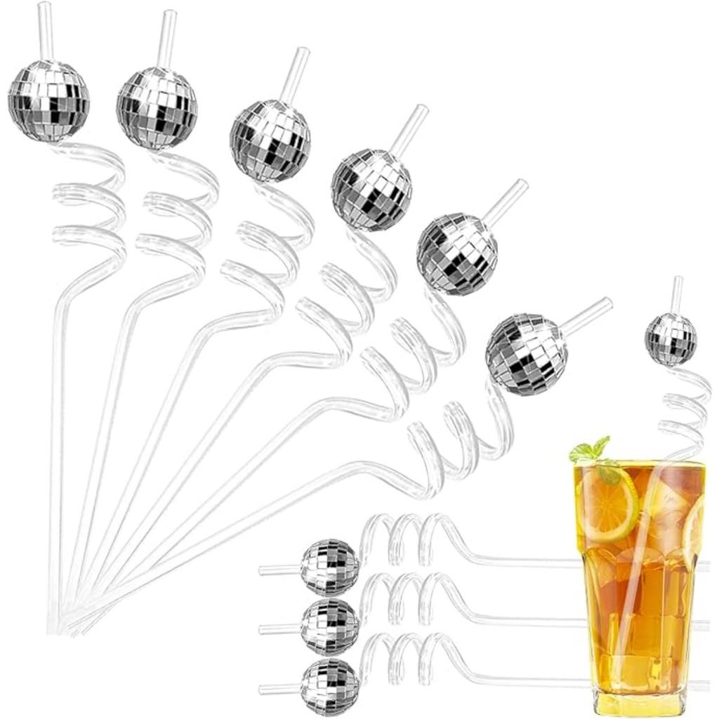 12 PCS Disco Ball Straws Disco Party Decorations Glitter Mirror Disco Ball Straws Plastic Straws 1970s Retro Disco Party Birthday Party Wedding Decor