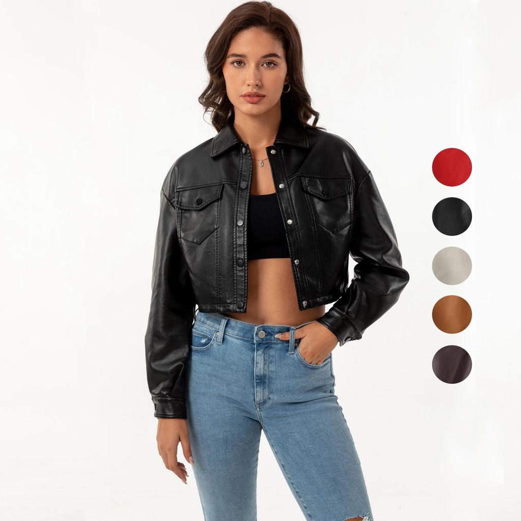 Women’s Jackets Faux Leather Long Sleeves Single Breasted Crop Top Punk Jacket Short Motorcycle Coat Fashion Out Wear