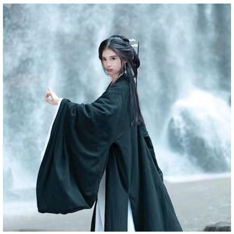 Черный китайский стиль династии Вэй Цзинь, женский костюм Hanfu, китайская одежда, сказочный повседневный костюм