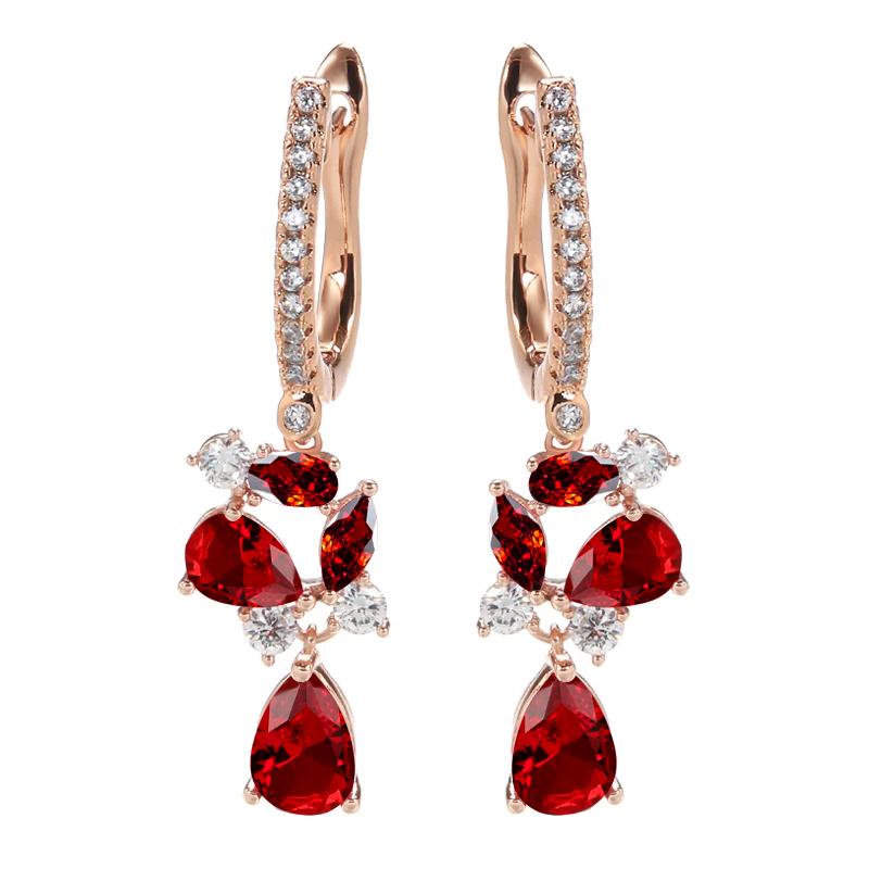Новые длинные серьги-капли золотого цвета для женщин, серьги-капли с кристаллами и цветком, красный камень и циркон, модные ювелирные изделия