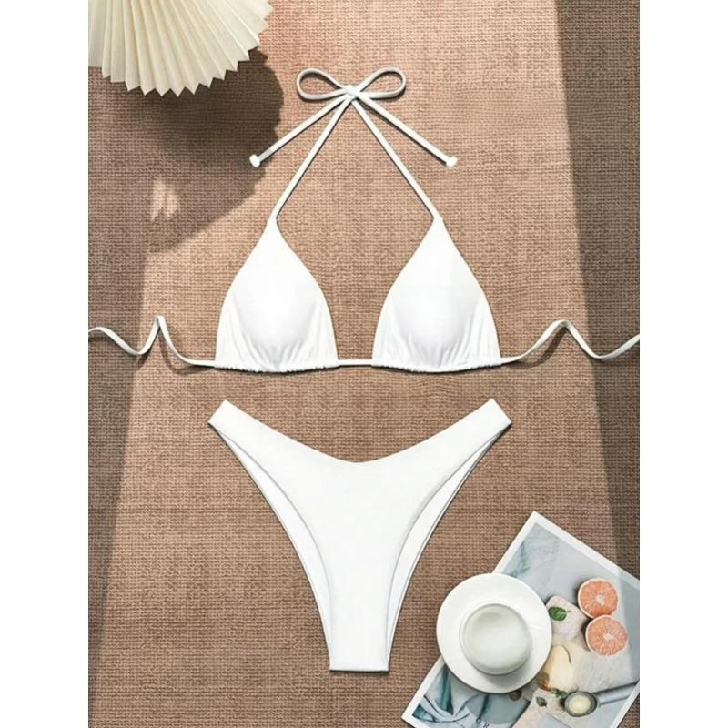 2025 Женский белый купальник бикини с уплотнением на груди, новый сексуальный купальник бикини халтер, комплект из двух частей со шнурками, однотонный бразильский купальник
