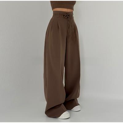 Женские брюки с высокой талией и шнуровкой, повседневные однотонные брюки для деловых поездок на работу, простые базовые брюки для поездок на работу