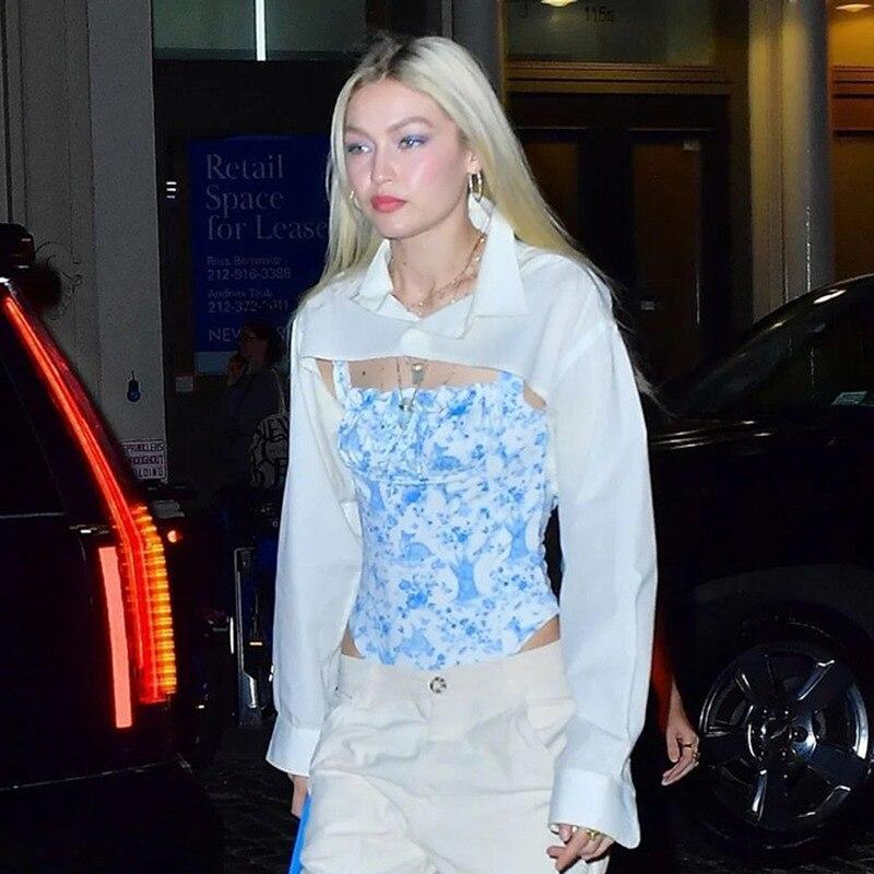 Женская кофта-накидка 2023 года с лацканами, свободная блузка с неровным подолом, укороченный топ, воротник, на пуговицах, с длинным рукавом, рубашка-туника, защитные от солнца топы