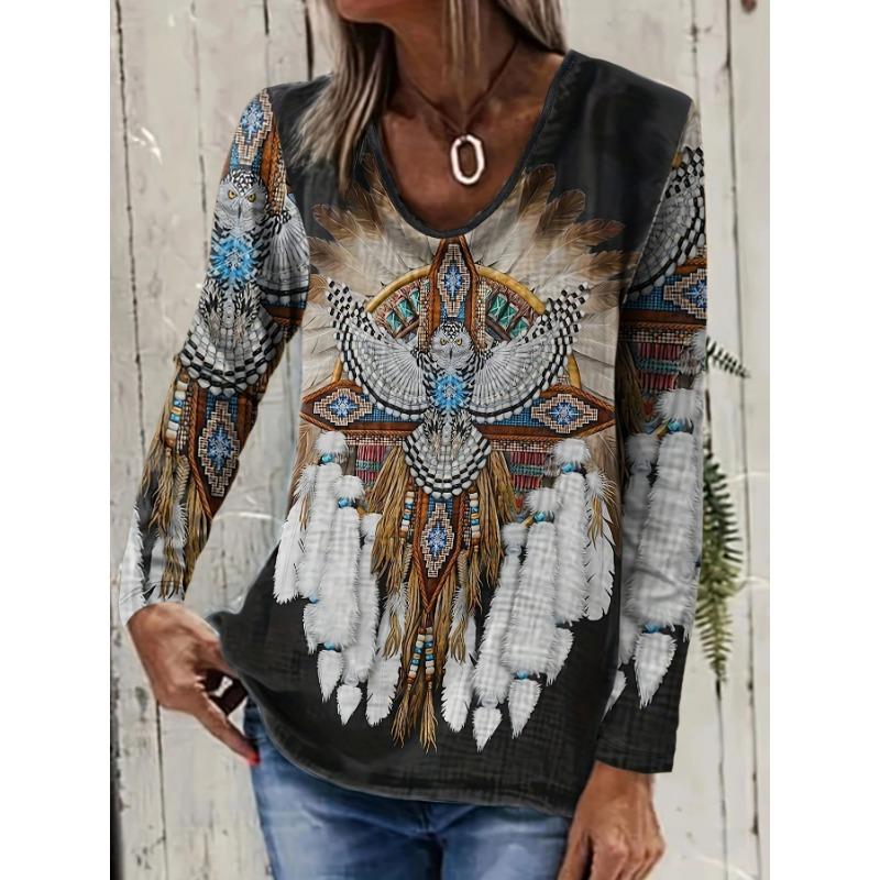 Женская футболка с длинным рукавом и круглым вырезом в винтажном стиле