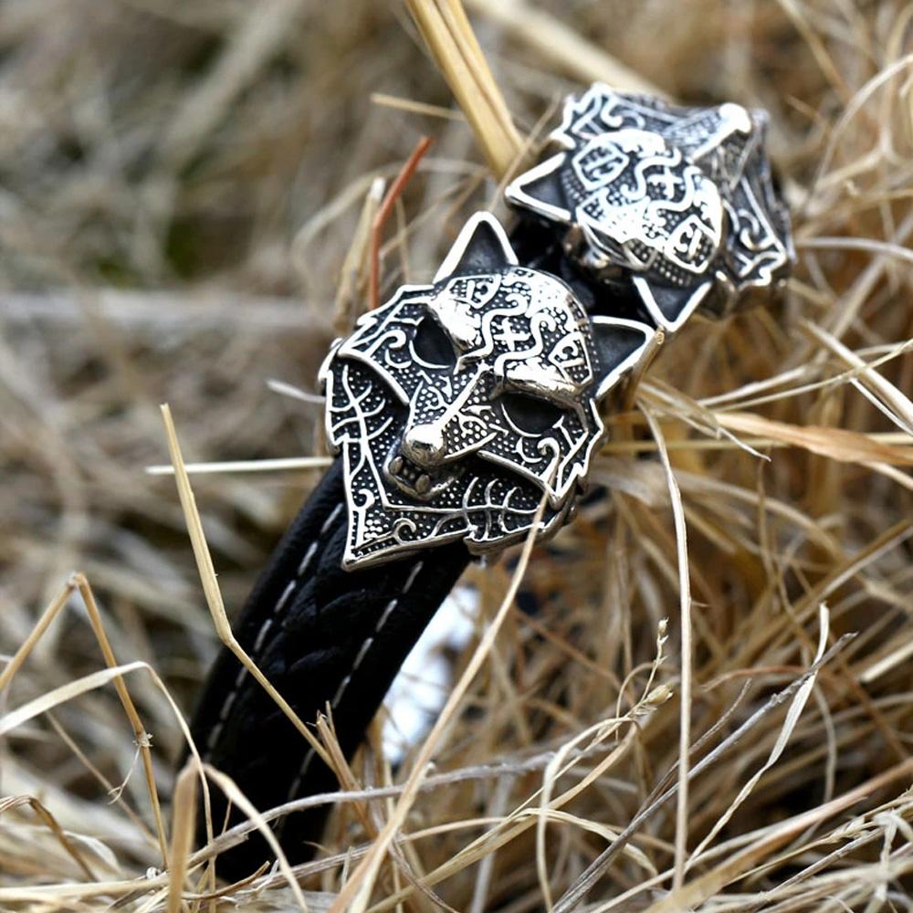 Винтажный Браслет с Головой Волка Викингов из Нержавеющей Стали 316L для Мужчин Панк Байкер Высококачественный Кожаный Браслет Viking Jewelry Подарок