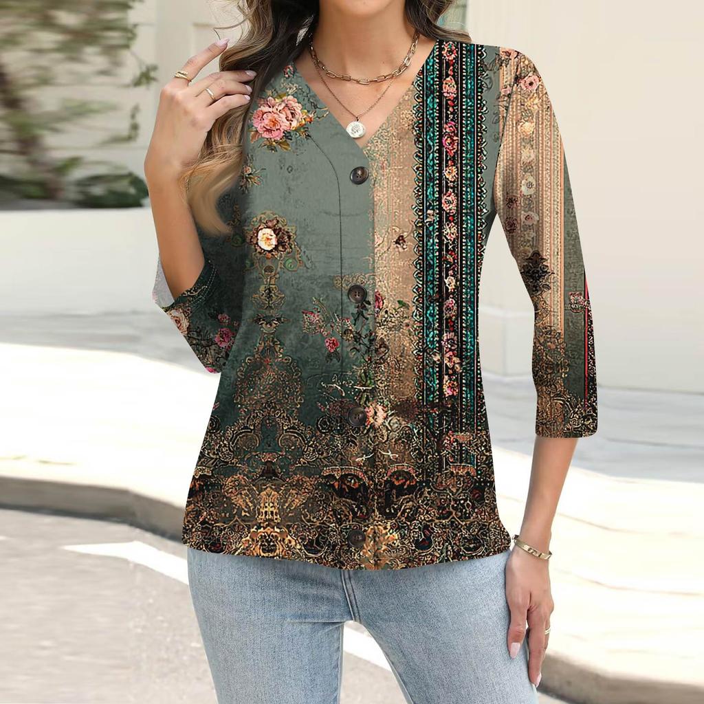 Женская модная повседневная рубашка на пуговицах с принтом, топ с рукавами 3/4