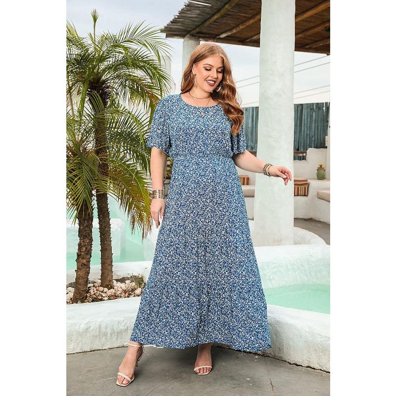 Новое повседневное платье для отпуска с цветочным принтом, круглым вырезом, коротким рукавом, миди-платьями
