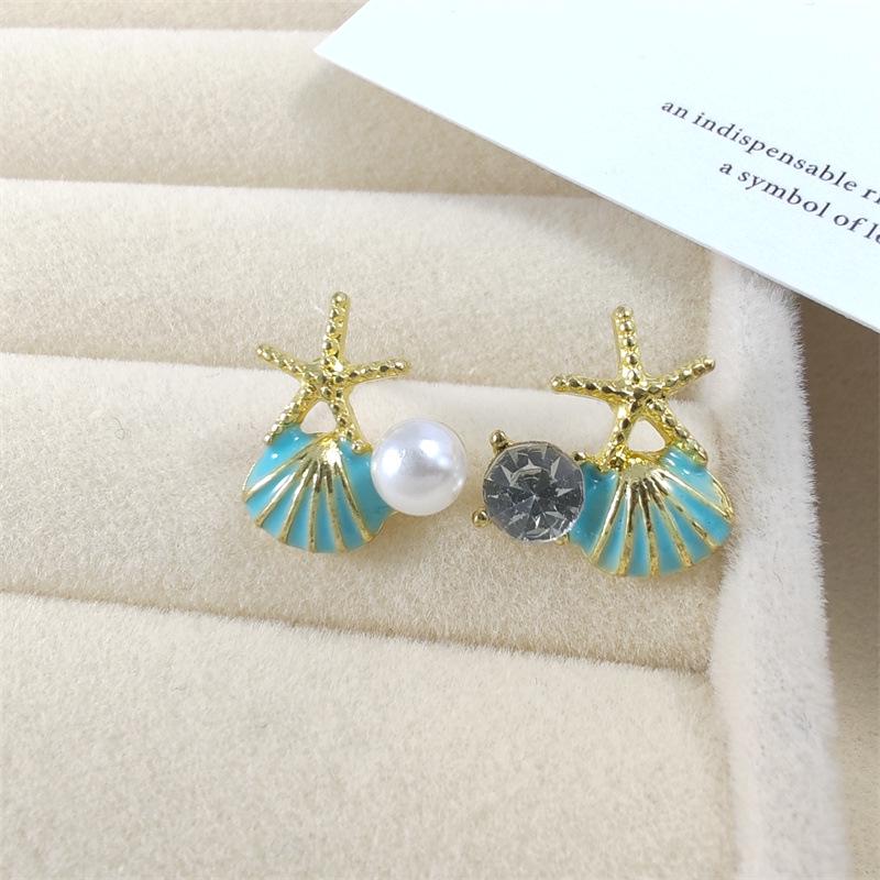 Корейские серьги-пусеты с жемчугом в виде ракушки морской звезды - Универсальные женские украшения для морского отдыха 2023