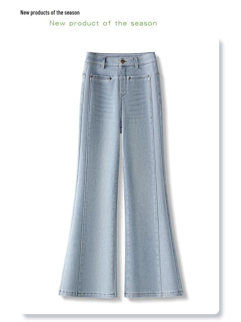 Women's 2024 Light Blue High-Waisted Retro Micro-Flare Jeans with Plus Velvet for Autumn/Winter