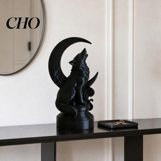 Wolf Roaring At Night Decoration 3D Printed Howling Sculpture with Crescent Moon Base, Matte Thick Durable Figurine Black Finish Collector Art, Gothic