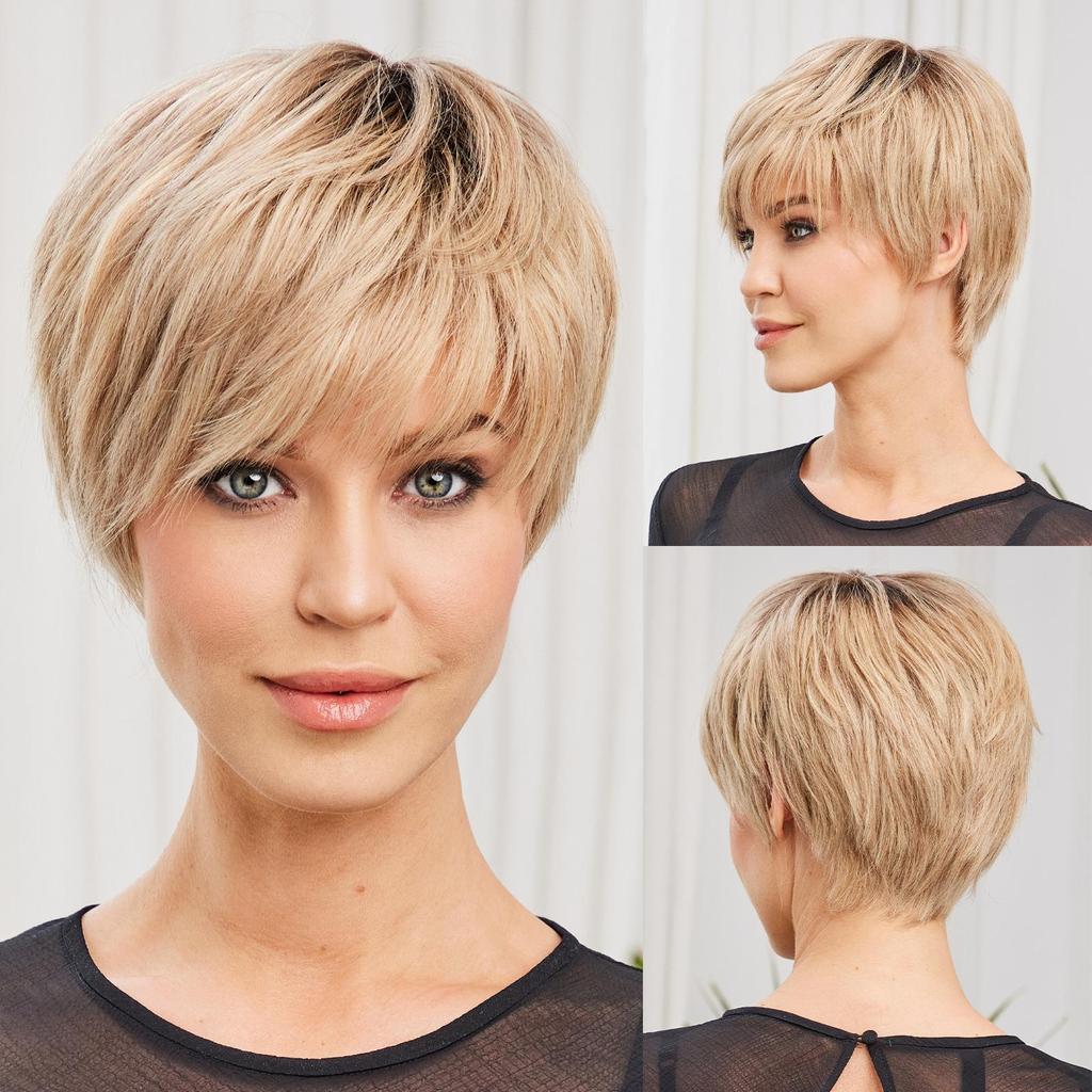 HAIRCUBE Bob Pixie Cut Light Brown Layered Remy Human Hair Wigs with Bangs Short Natural Wave Human Hair Machine Made Wigs for Women Afro