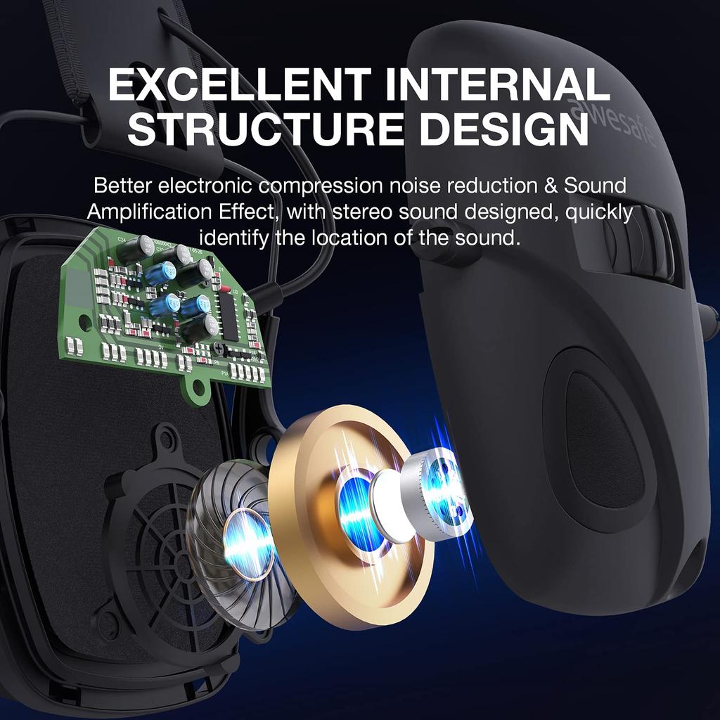 AWESAFE Electronic Shooting Noise Reduction and with Hard Travel Storage Carrying Bag Earmuffs, Amplification, (Small Box, Black)