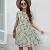 Spring Print Women Short Sleeve V Neck Floral Summer Chiffon Dress