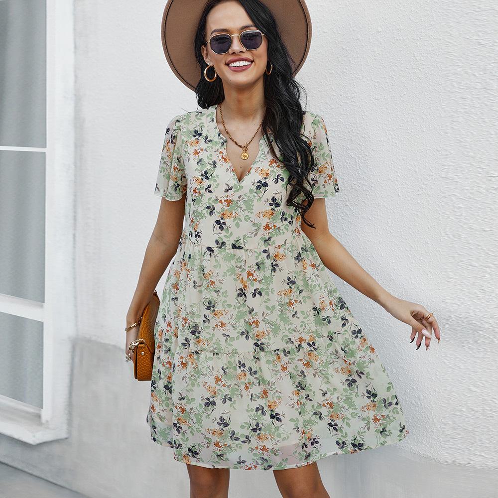 Spring Print Women Short Sleeve V Neck Floral Summer Chiffon Dress