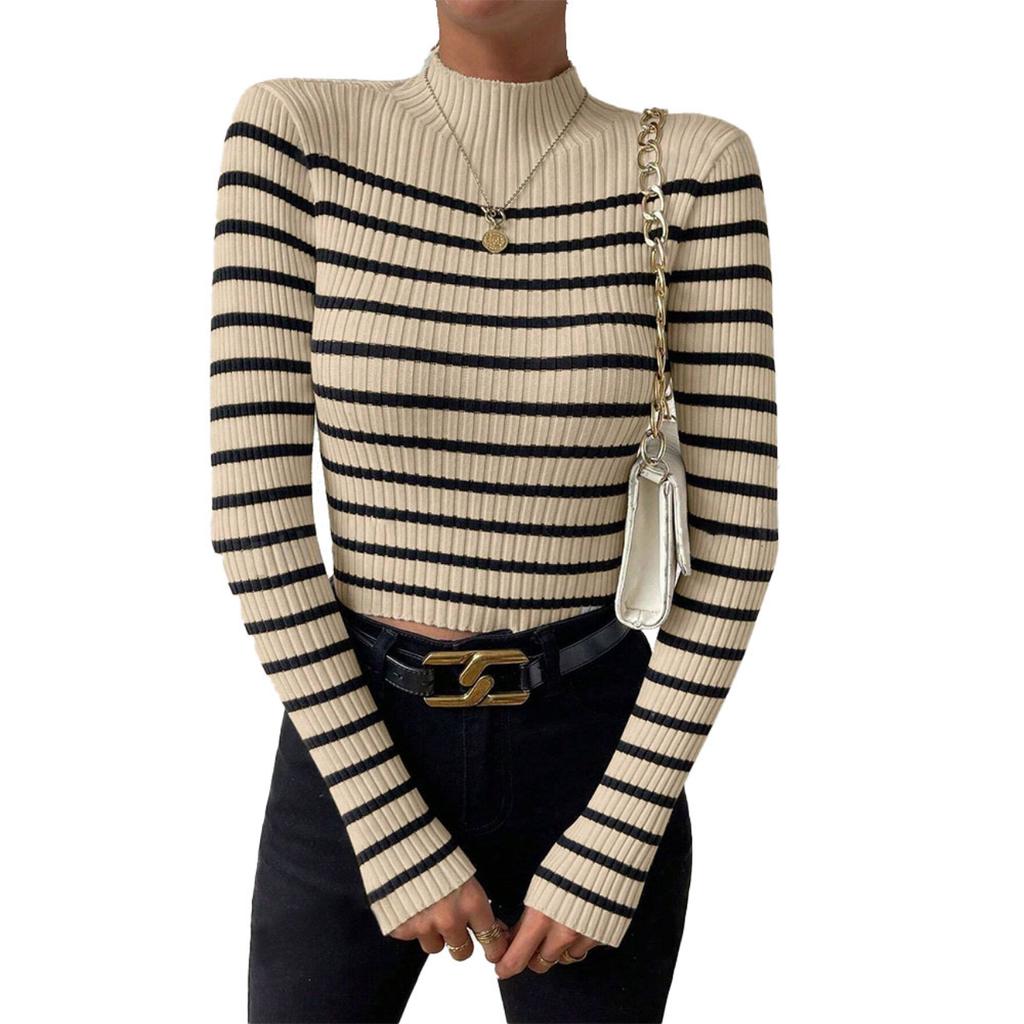 Узкий свитер с воротником-стойкой в полоску, стильный свитер с длинными рукавами и резинкой для осени и зимы, женская одежда