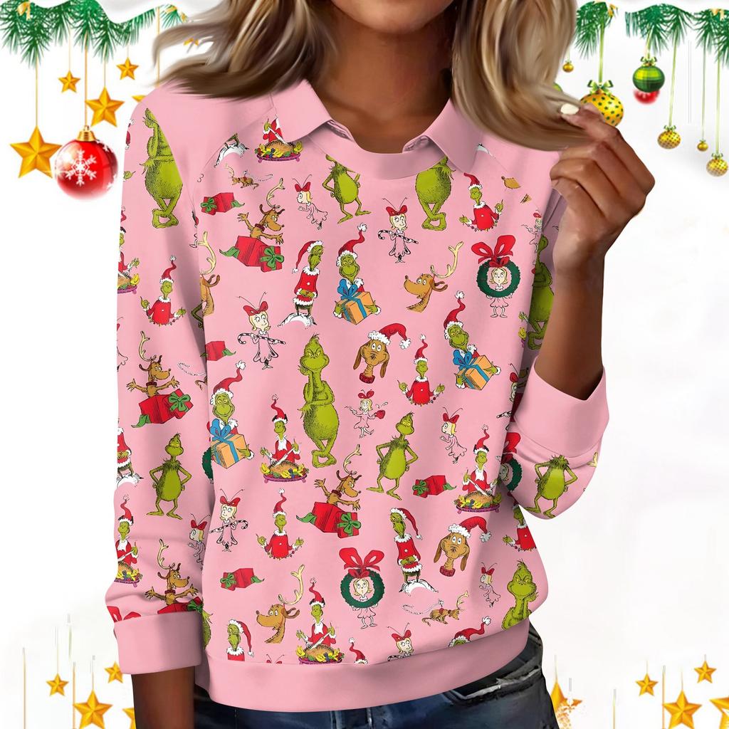 Women's Fashion Christmas Print Lapel Long Sleeve Casual Crewneck T-Shirt Top