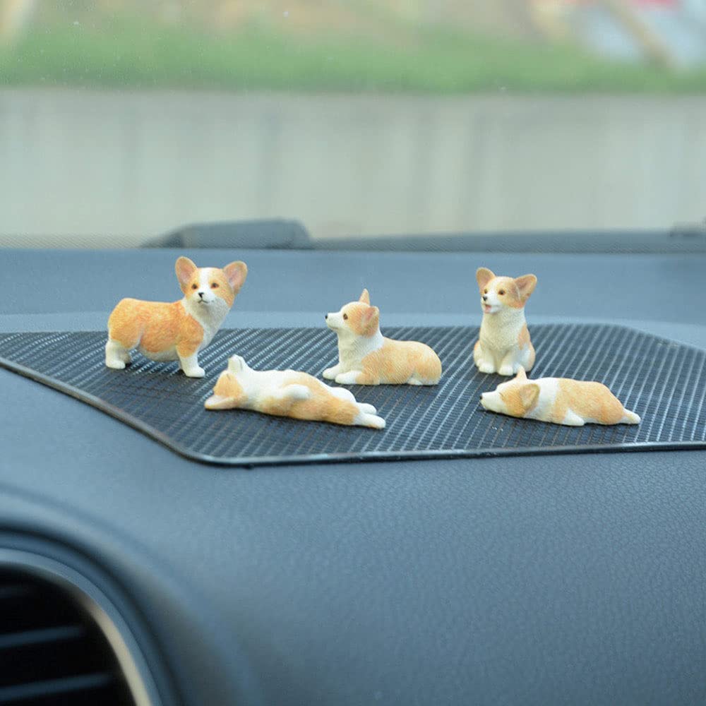 moin moin Figurine Ornament - Sleeping Corgi Puppies Assortment 5-Piece Set + Non-Slip Mat/Mini Small Sleeping/Sitting Puppies for Car Decoration Disp