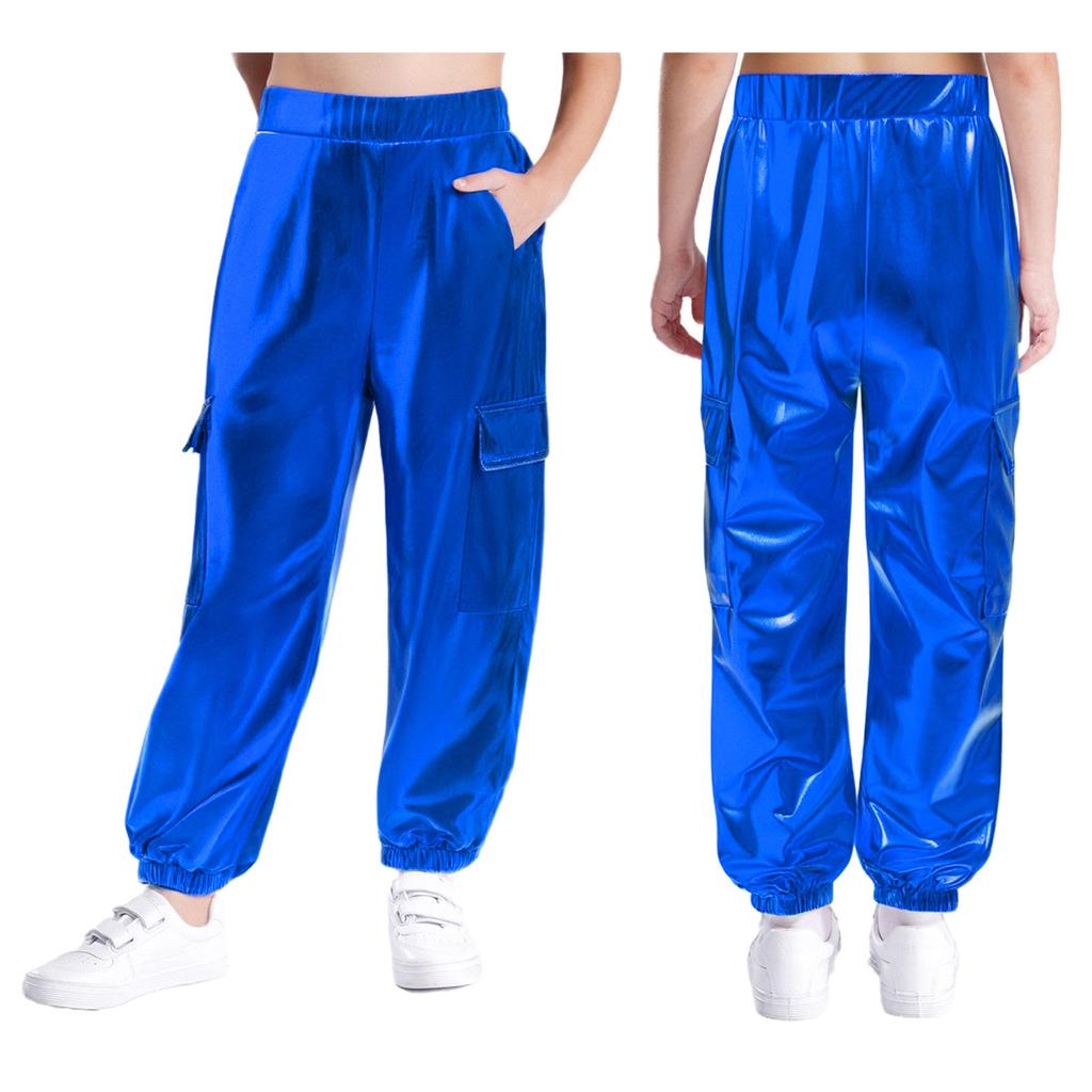 Детские блестящие танцевальные брюки унисекс с металлическим блеском и эластичной талией, с функциональными карманами, сценический наряд