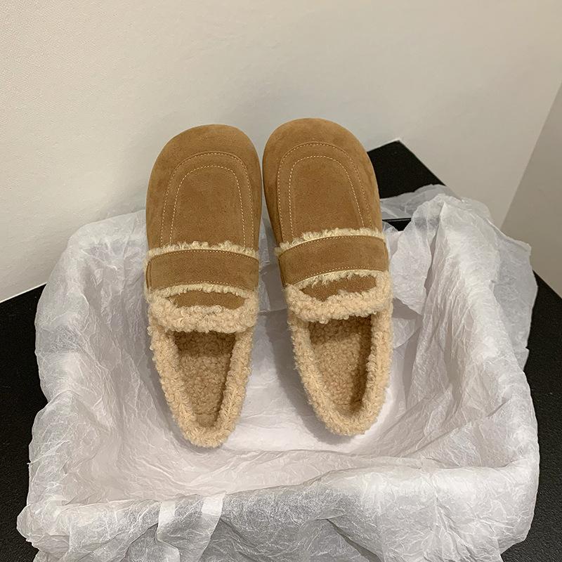 Ретро обувь Doudou женская 2025 зима новая флисовая утолщенная повседневная мягкая подошва пушистая обувь на одном педале плоские хлопковые туфли