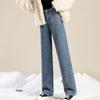 Women Winter Jeans High Waist Button Zipper Closure Thick Velvet-lined Loose Fit Pockets Straight Wide Leg Streetwear Pants Daily Wear Long Trousers