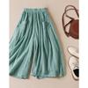Real Shot Summer New Literary Loose Solid Color Cotton and Linen Elastic Waist Wide-leg Pants Nine-point Pants Women