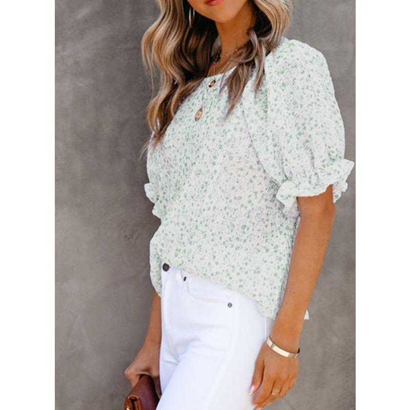 YYFS Женские модные повседневные летние весенние блузки и рубашки с цветочным узором и коротким рукавом с круглым вырезом