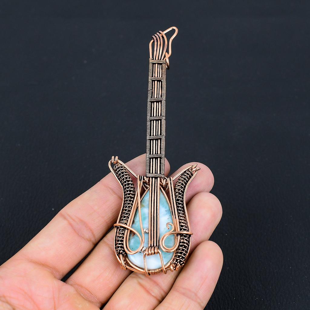 Republic Larimar Handmade Copper Wire Wrap Guitar Pendant 4.53 R9d69