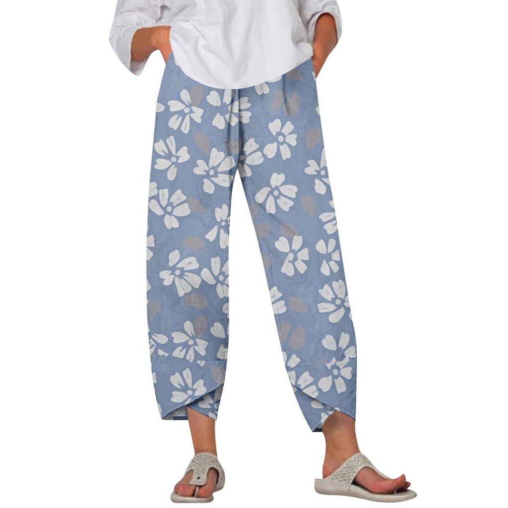 Брюки женские летние повседневные широкие брюки с эластичной резинкой на талии и принтом с карманами