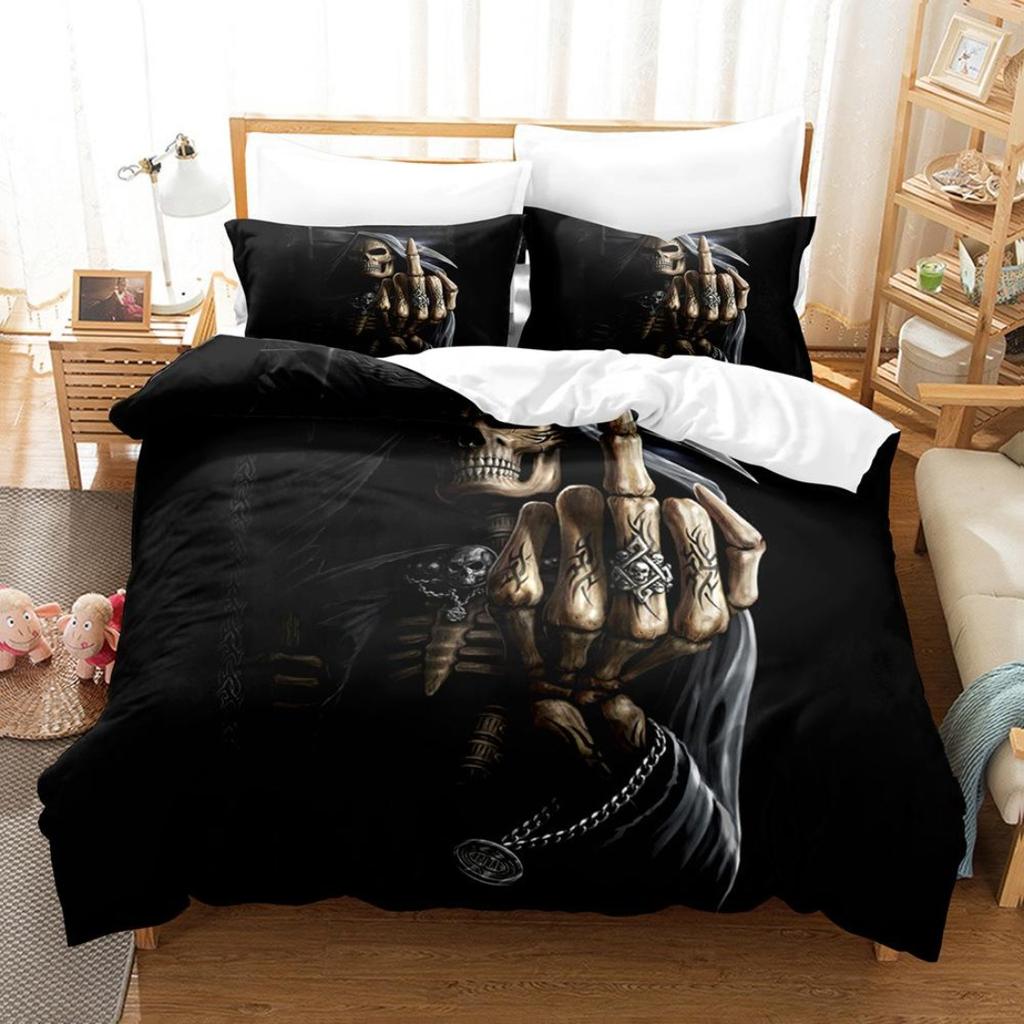 3D Printed Skull Head Bedding Set Halloween Themed Down Duvet Cover Pillowcases, 2/3 Pieces, Boys Room Horror Pattern Quilt Cover
