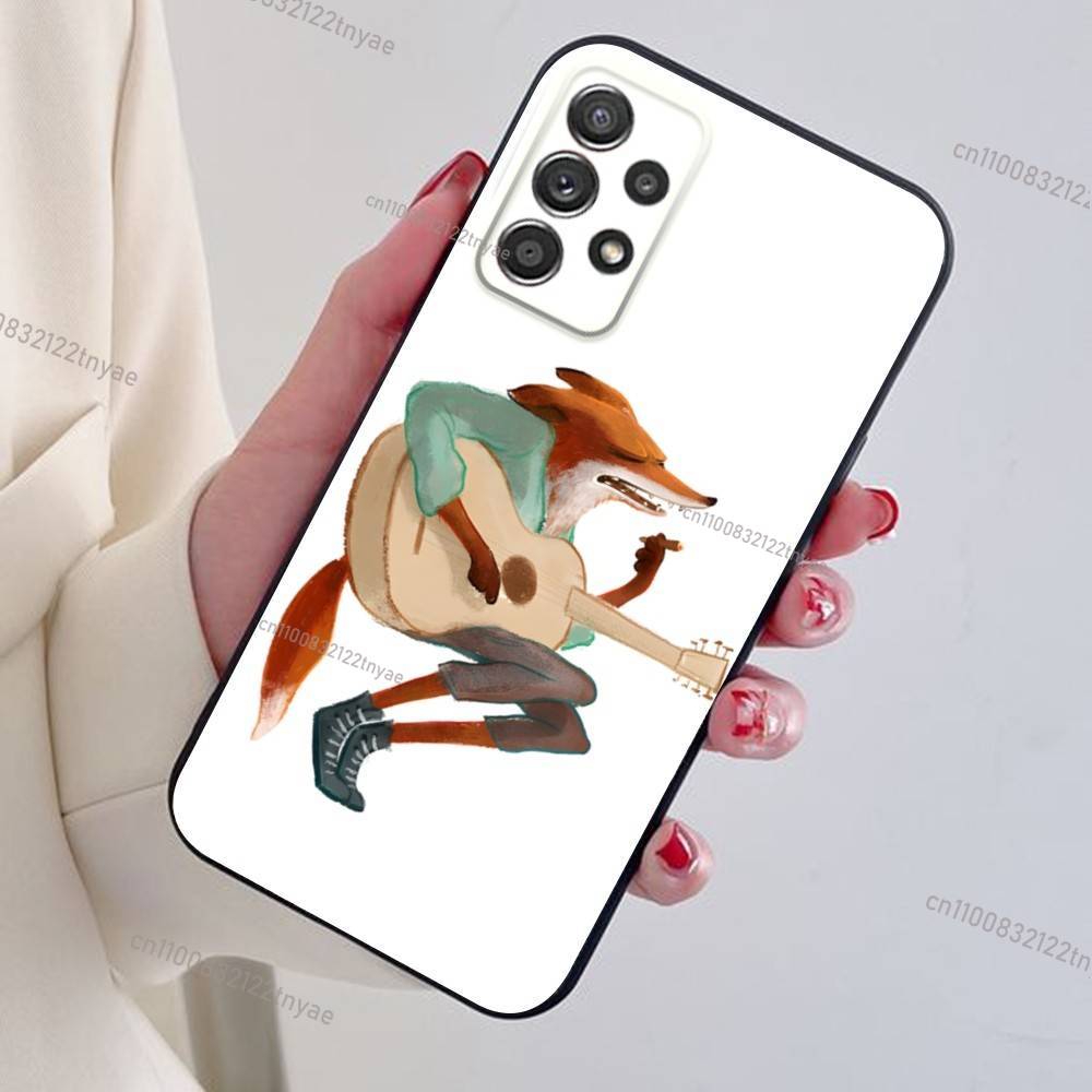 Cute cartoon fox art Phone Case For Samsung S24,21,22,23,30,Ultra,20,Plus,Note,10,9,Black soft silicone case