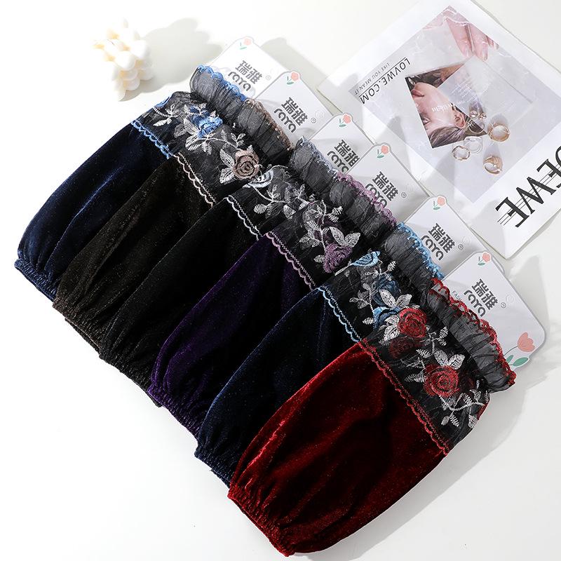 Блузка с длинными рукавами и цветочным кружевом в стиле пэчворк из грязеотталкивающего бархата темно-золотистого цвета для женщин