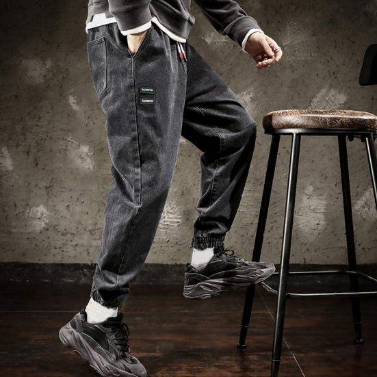 Эластичный пояс со средней посадкой, термоусадочные манжеты на шнурке, повседневные джинсы, мужские джинсы с несколькими карманами, джинсовые спортивные штаны в стиле хип-хоп, уличная одежда