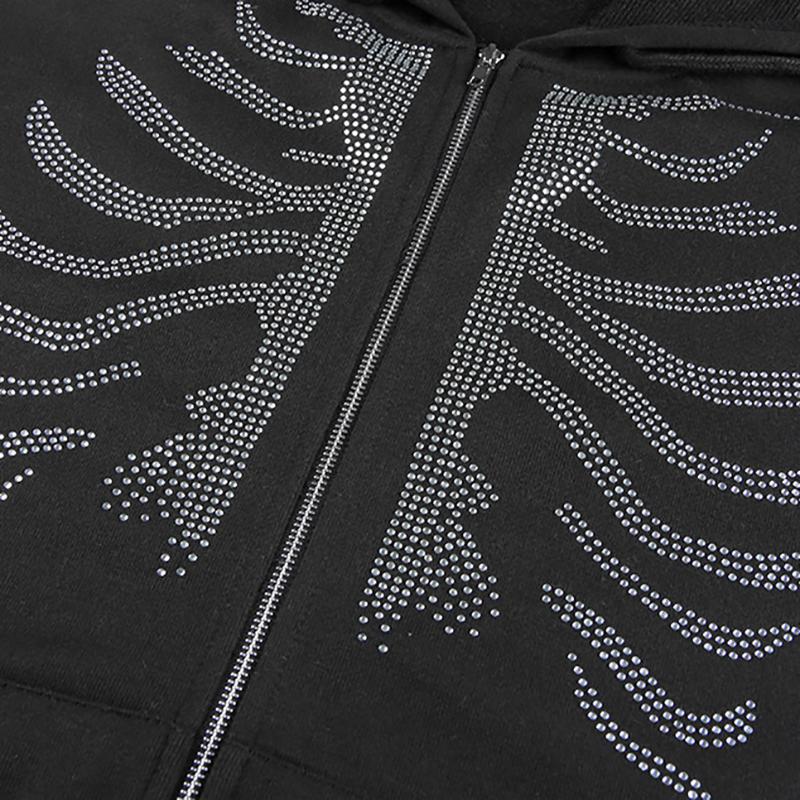 Y2K Rhinestone Skeleton Hoodies Women Gothic Black Red Zip-up Sweatshirts Female Retro Harajuku Hooded Coats Streetwear