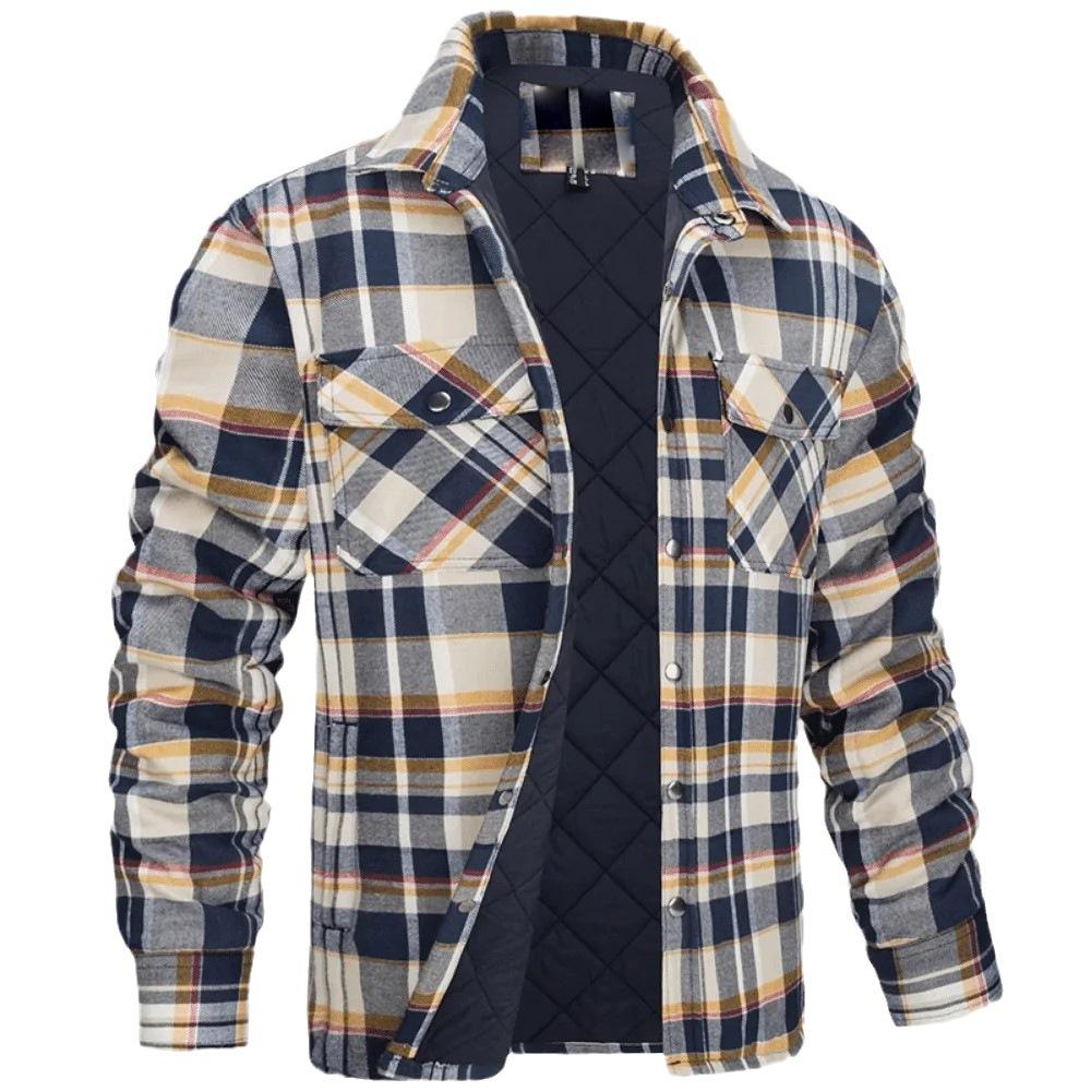 Winter Plaid Cotton Jackets Mens Long Sleeve Quilted Lined Flannel Shirt Jacket Multi-Pockets Outwear Hiking Coats Tops