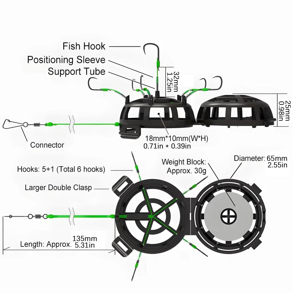 Перевернутая кормушка-клетка для прикормки, поводок с крючками, рыболовная кормушка-клетка, противозакручиватель, 6 крючков, углеродистая сталь, леска, кормушка, грузило, взрывная оснастка