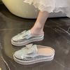 Large Size Casual Single Shoes Women's Spring New Flat Bottom Thick Bottom Round Head Bow Sequined Half Slippers Women