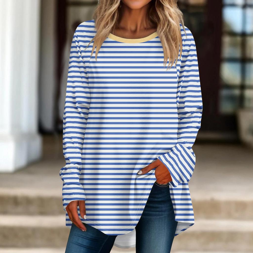 Женская негабаритная полосатая рубашка с длинными рукавами и круглым вырезом, полосатая футболка, верхний пуловер