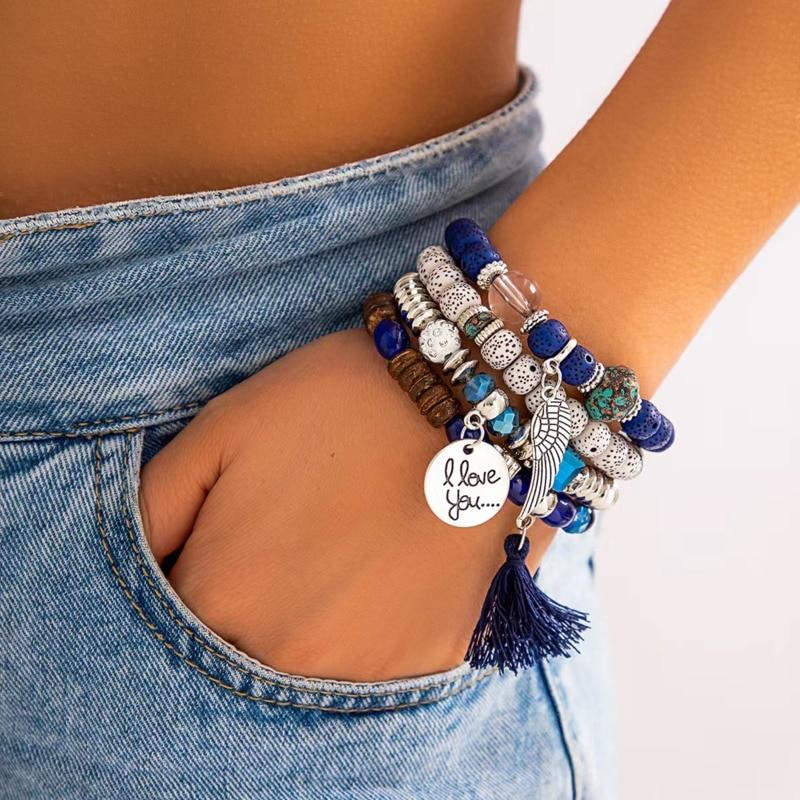 Богемные разноцветные хрустальные бусины, веревочные браслеты для женщин и девочек, этнические сердца с кисточками, очаровательный браслет, набор ювелирных изделий, подарок