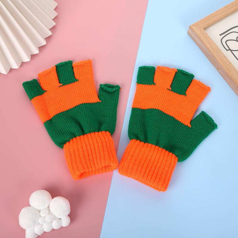 Students Winter Finger Knitted Gloves Outdoor Cycling Games Half Finger Gloves Color Matching Warm Wool Gloves